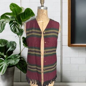 Vintage Wool Striped Burgundy Vest with Fringe